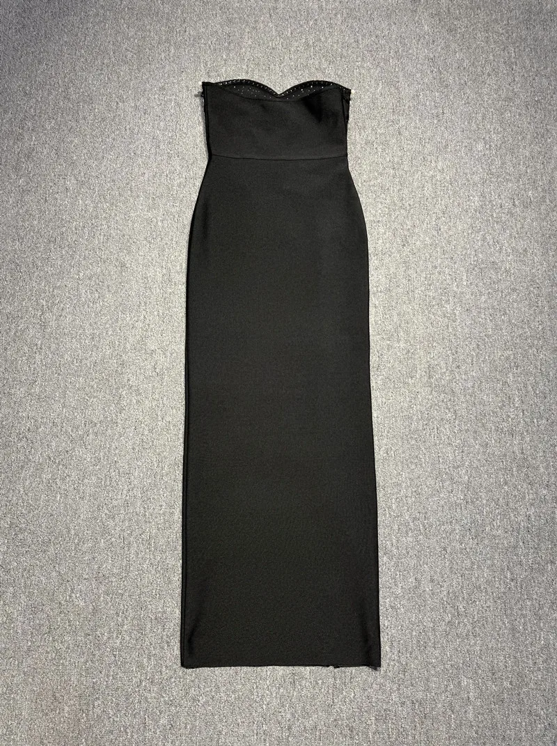 Women Bandage Dress Luxury Designer Elegant Strapless Pearls Beading Split Long Party Birthday Evening Dress Women Bandage Dress Luxury Designer Elegant Strapless Pearls Beading Split Long Party Birthday Evening Dress