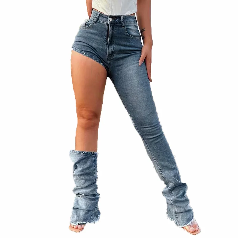 2022 Personality One Leg Stacked Jeans for Women Stylish Half Shorts Half Long Pants Detachable Flare Denim Jean