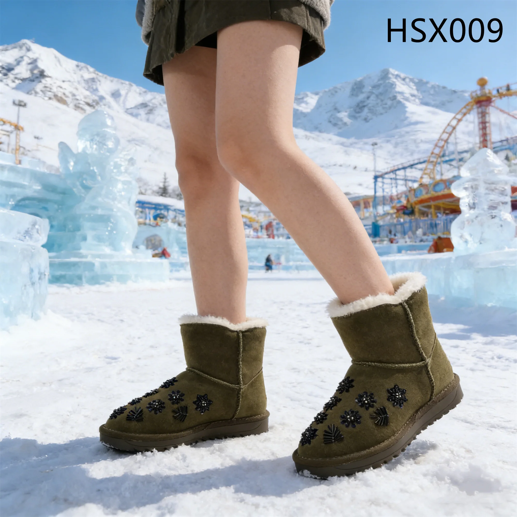 HY,Snowy Commutel Anti-Cold Thermal Lining Female Brown Winter Boots Anti-slip Deep Tread TPR Sole Lady Snow Boots HSX009