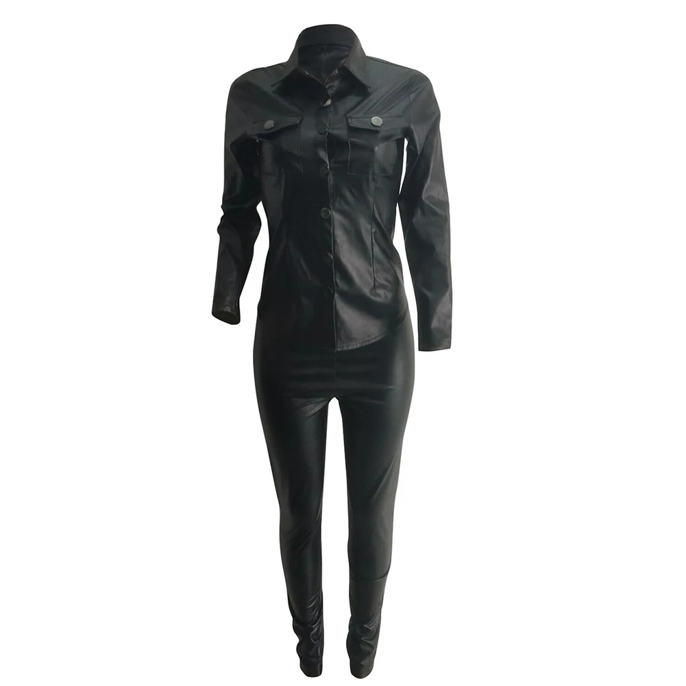 Two Piece Leather Crop Top Jackets Bodycon Long Pants Set