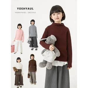 YOEHYAUL CD1908 4-16Y Solid Long-sleeved T-shirt Tops Girls Half-high Collar Tight Underwear Anti-pilling Pullover Teen T-shirt