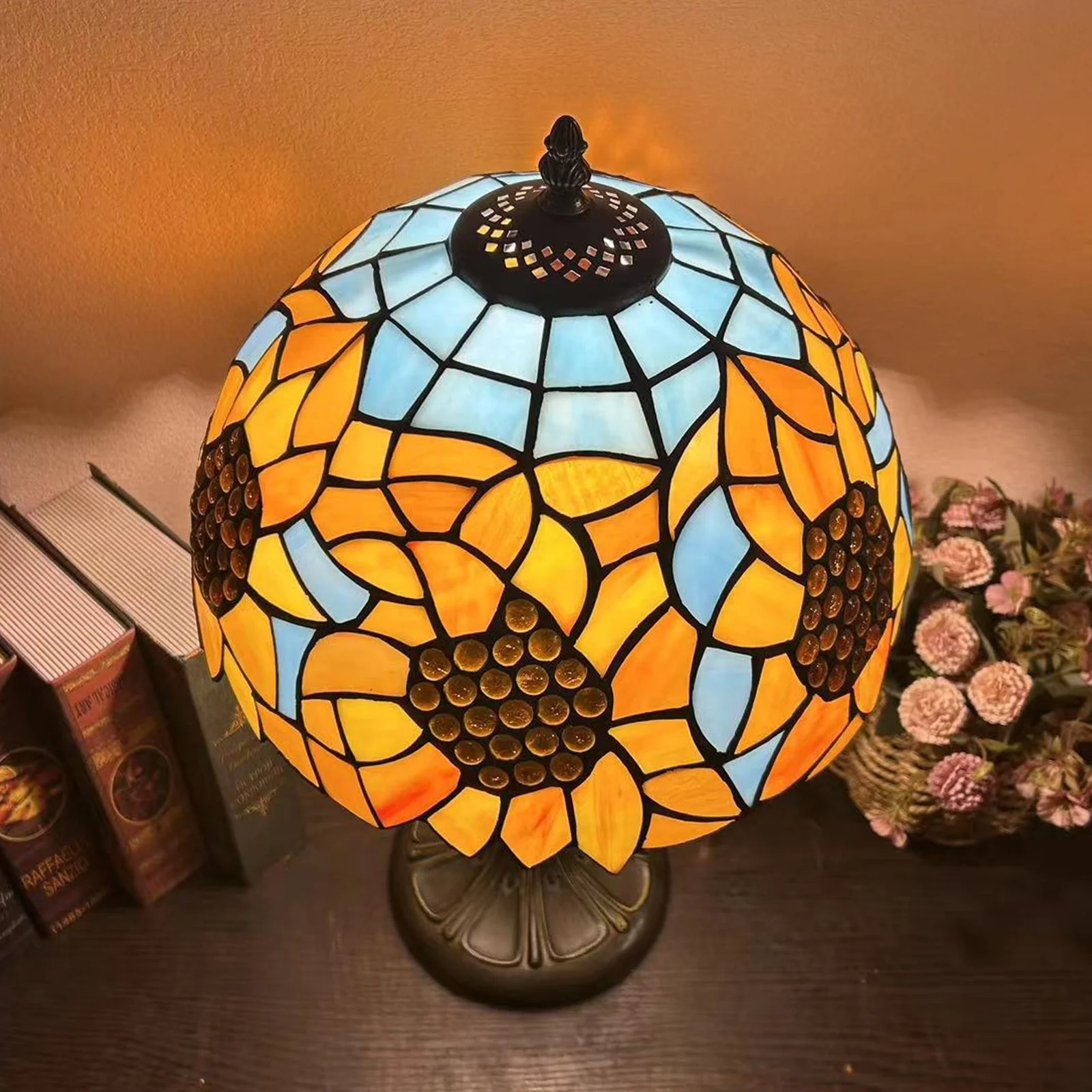 LongHuiJing Tiffany 12Inch Colored Glass Table Lamp Sunflower Living Room Mediterranean Retro Baroque Style Table Lamp
