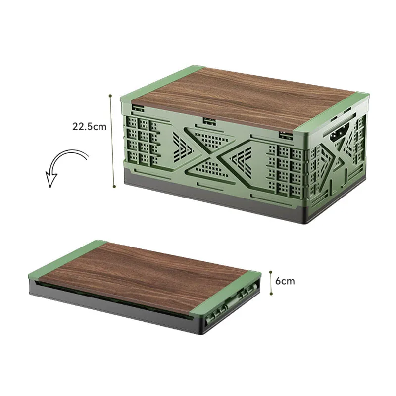 Korean Style Large Tree Cover Plastic Folding Basket Crate Vegetable Organizer Foldable Storage Box with Wooden Lid