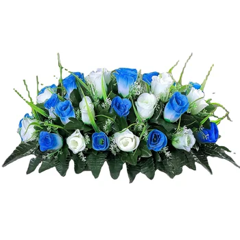 Artificial Cemetery Flower-Outdoor Grave Saddle Headstone Decorations,Blue and White Rose Memorial Day Flowers for gravesite