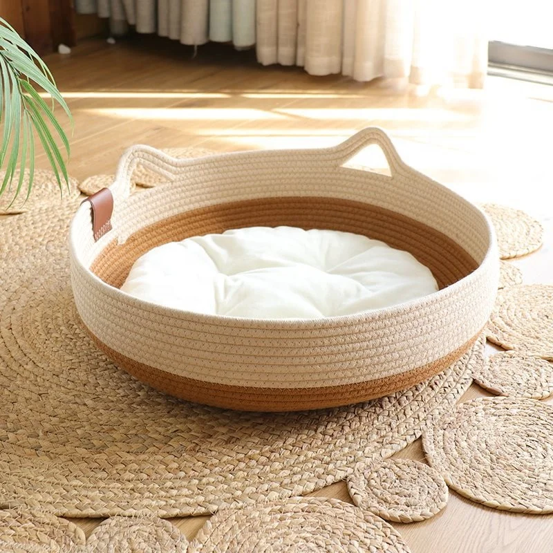 Cestas tejidas de hierba para mascotas, casa para gatos, arena para perros,  tabla para rascar gatos, suministros para cama de verano para mascotas