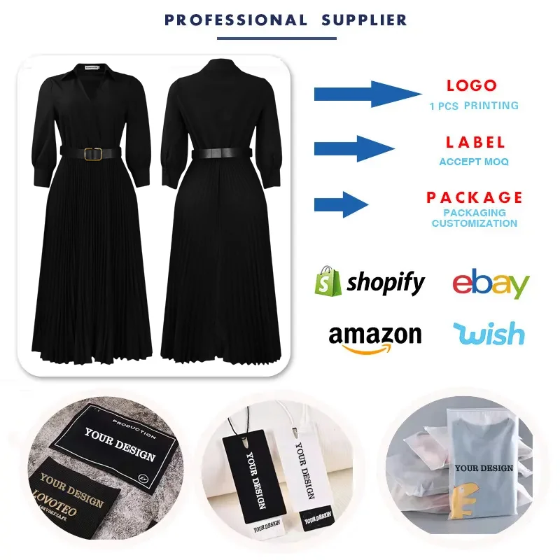 D522 Latest Design Long Dresses Women Casual Elegant Solid Color Long  Sleeve V-neck Pleated Ladies Office Dresses With Belt