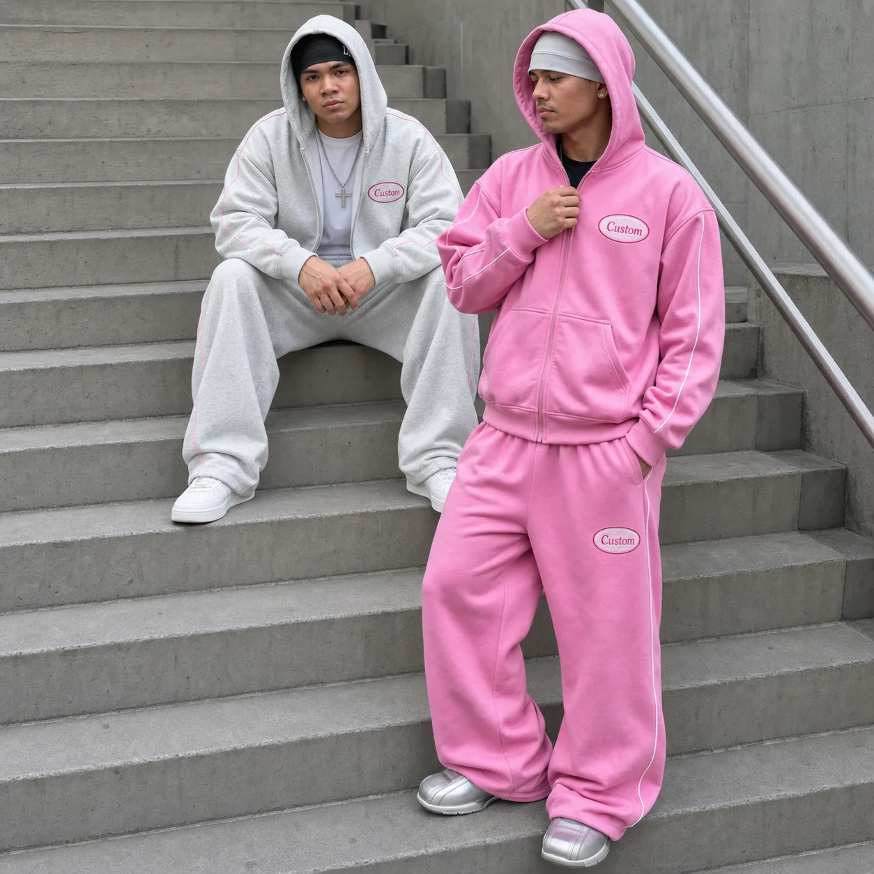 Wholesale Custom Heavy Terry Fabric Mens Autumn Streetwear All Over Printed Side Stripe Zip-Up Hoodie Sweatpants Set gallery 2