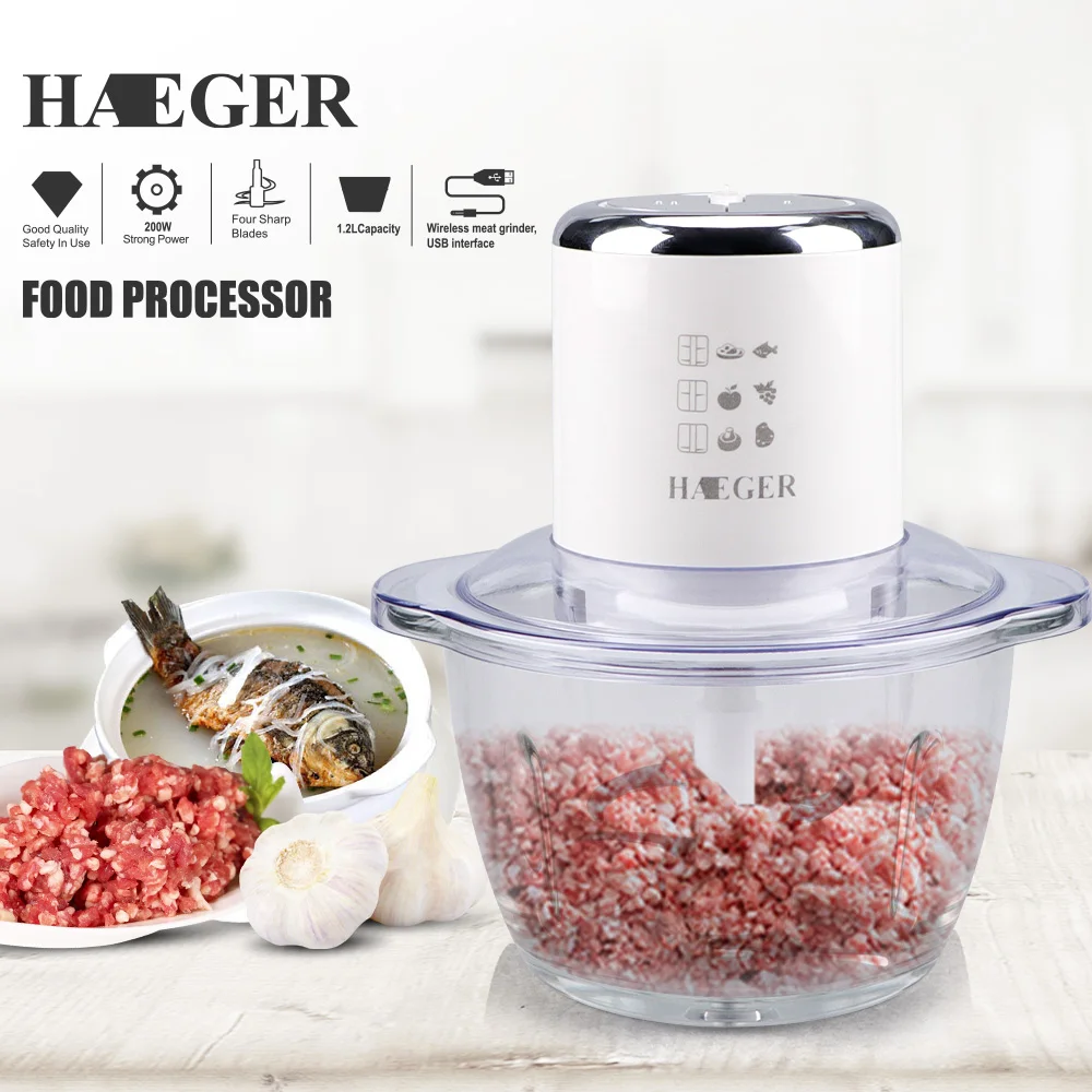 Портативная машинка для приготовления пищи HAEGER с USB-зарядкой, многофункциональный блендер для овощей, мощная электрическая мясорубка 1,2 л