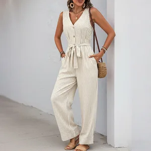 2026 Summer New Casual Style Striped V-neck Jumpsuit, commuter Sleeveless Shoulder Strap Striped Jumpsuit for Ladies