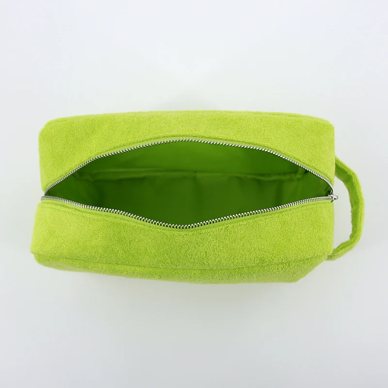 Custom Logo Zipper Soft Terry Cloth Fabric Women Cosmetic Makeup Make up Toiletry Pouch Bag with Handle