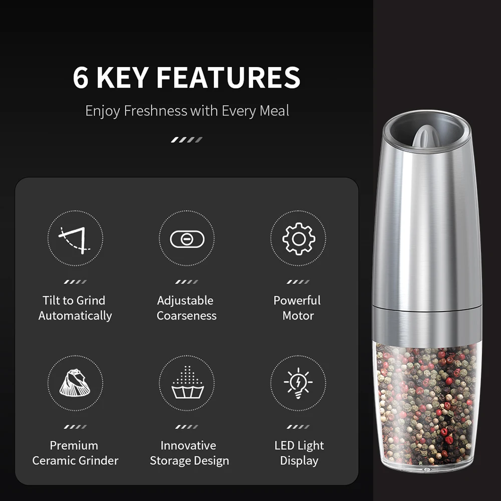 Kitchenware 135ML Stainless Steel Spice Grinder Gravity Electric Salt & Pepper Mill Grinder by Battery Operated
