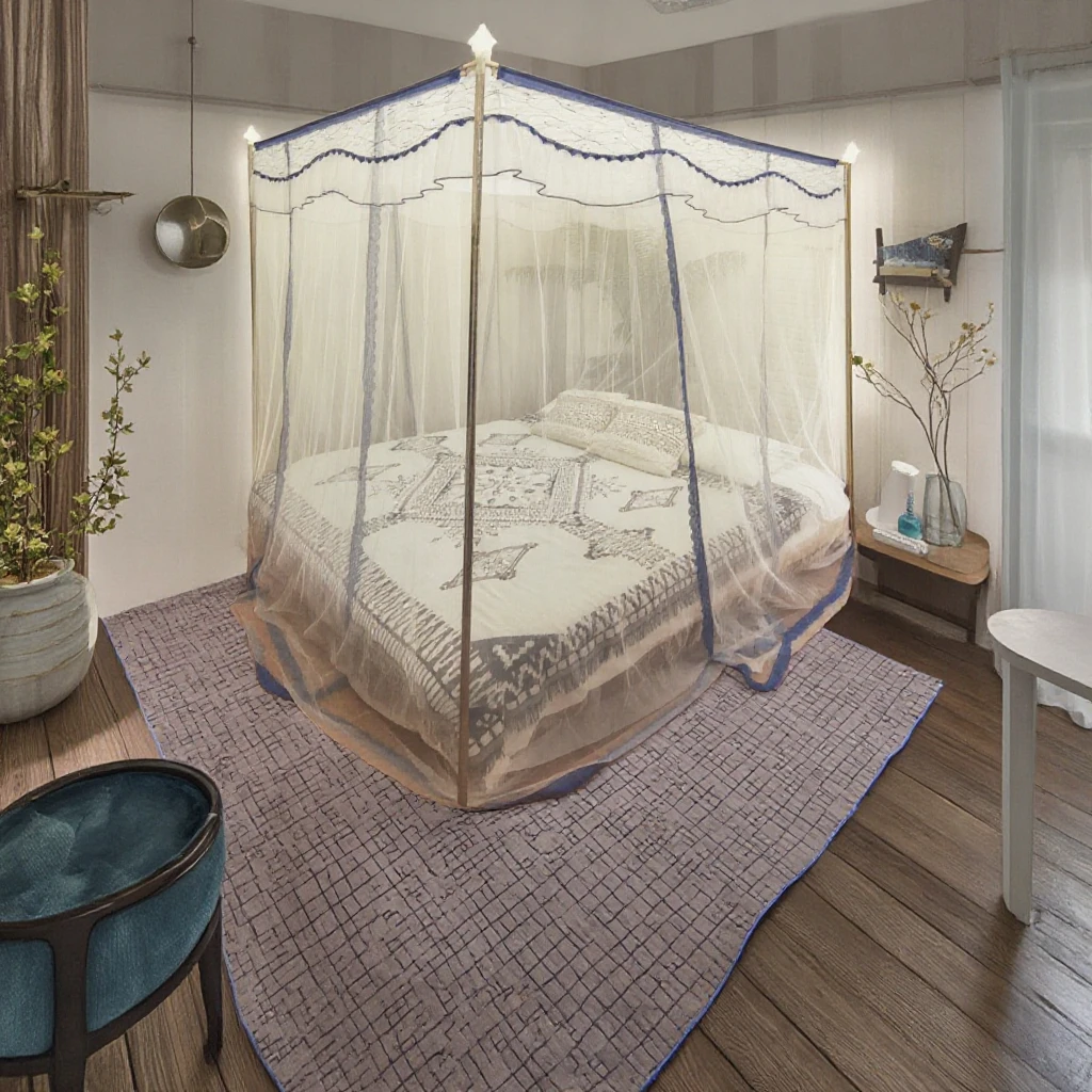 Синяя классическая двойная прямоугольная противомоскитная сетка с металлическими подставками Складная для кемпинга