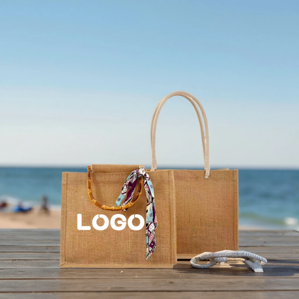 Custom Logo Eco-Friendly Jute Shopping Tote & Beach Bags with Shoulder Zipper Closure Long Rope Handle Folding Style factory