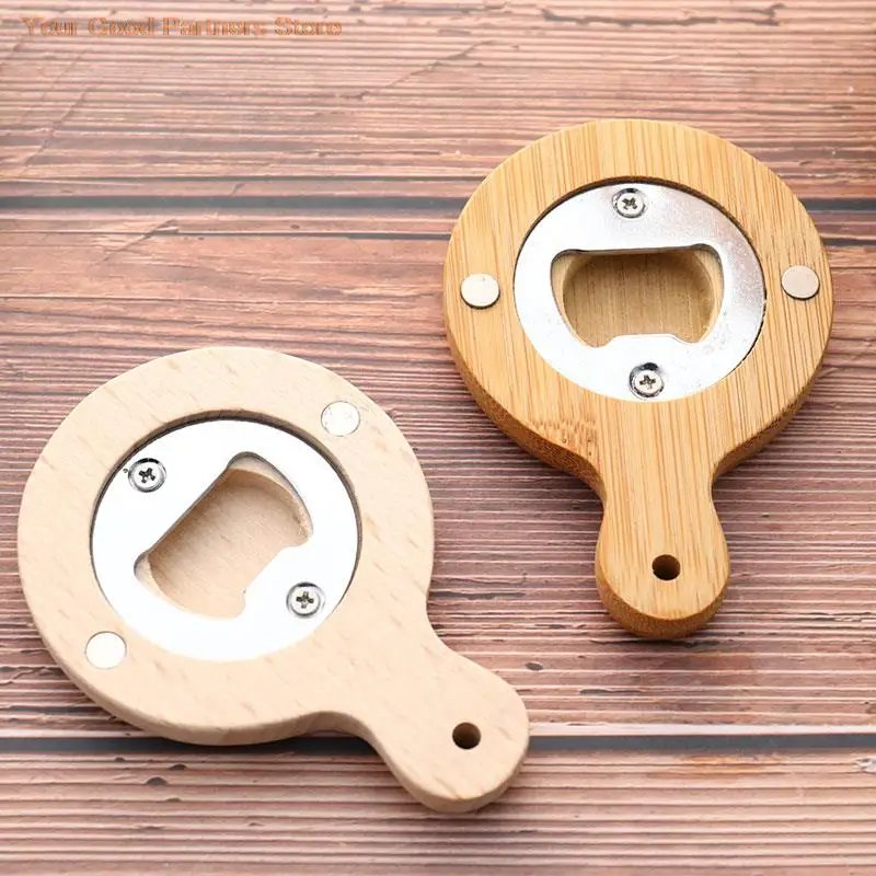 Source Custom logo nickel plating bamboo crafts round shaped bamboo beer bottle  opener with magnet on m.