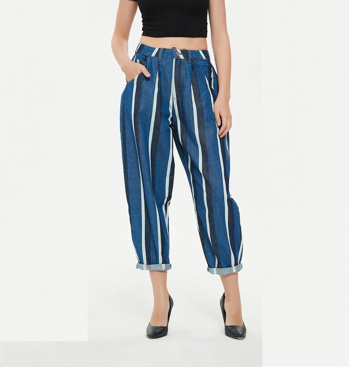 Pantalones Capri De Mezclilla De Cintura Tejida A Rayas Para Mujer,Pantalón  Cargo,Holgado - Buy Las Mujeres Pantalones De Carga Al Aire Libre De Color  Sólido Elástico Cintura Alta Pantalones Jogger Pantalones Con