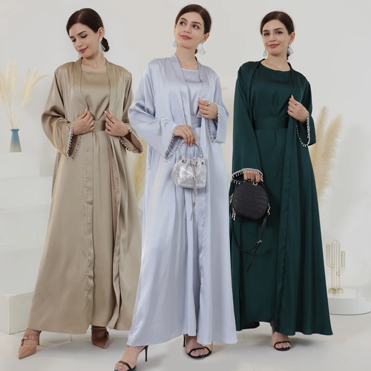 Elegant Muslim Silk Open Abaya Dresses Cardigan Kimono Long Robe Solid Color Beaded Dress Gown Jubah EID Arab Islamic Clothing