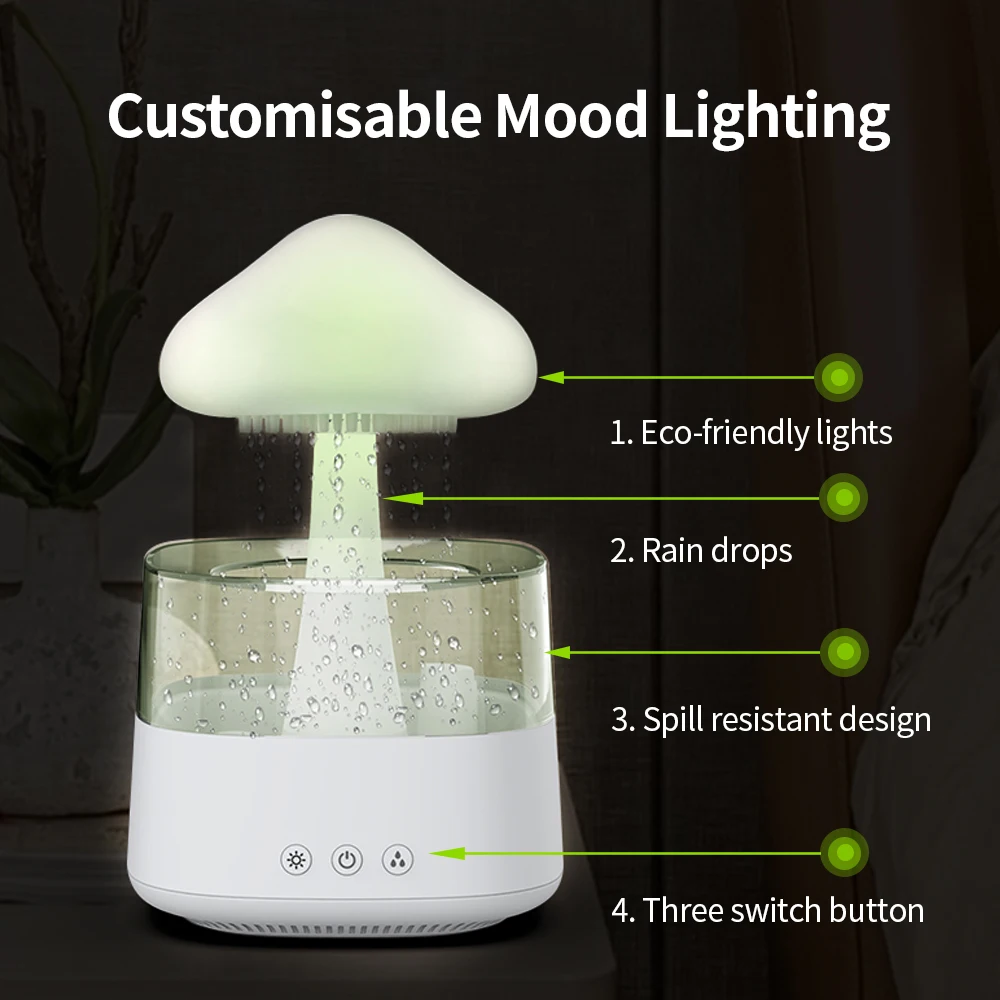 USB Mushroom Humidifier Rain Drop  Portable Rain Cloud Diffuser Aroma Essential Oil with 7 Colors LED Light for Bedroom Office