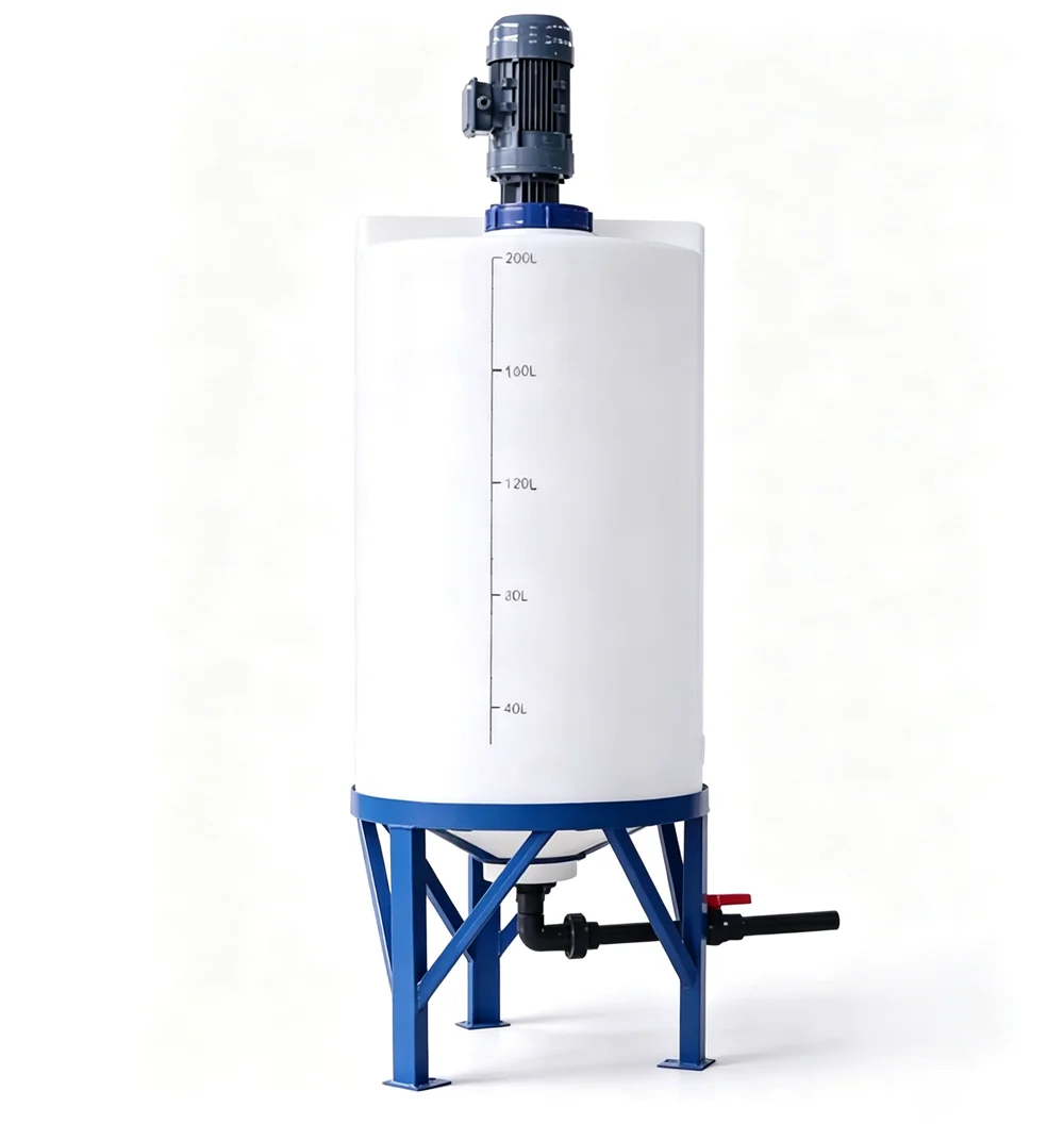 Wholesale LLDPE Vertical Chemical Water Mixing Tank 55 Gallon (200L) Cone Bottom with Agitator 10+ Year Service Life