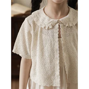 Boutique Summer Kids Girls Hollow Out Lace Turn-down Collar Short Flare Sleeve Light Knitted Single Breasted Cardigan Thin Shirt