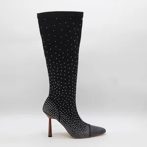 BUSY GIRL HQ1141 Women's High Heels Boots Women's Black Rhinestone Embellished Stiletto Heel Pointed Toe Sparkly Knee High Boots