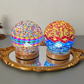 China Bulk Spot New Turkish Mosaic LED Desk Lamp Creative Glass Decorative Night Light for Bedroom Wooden Base Battery Power