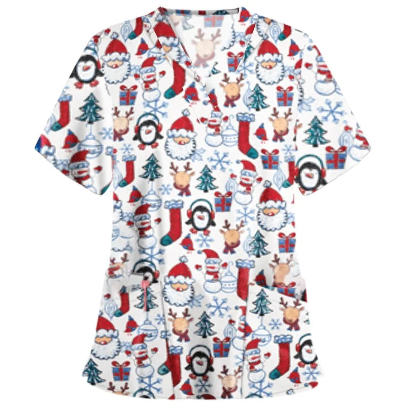 Printed Snowman Pattern Nurse Uniform Design Hospital Medical Work Clothes Uniform Christmas Scrub