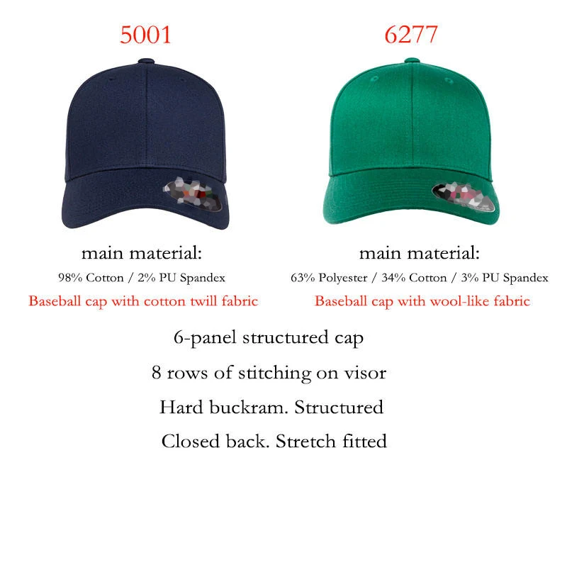 5001 Blank Flex Fit Curved Brim Caps 6 Panel Cotton Twill Closed Back