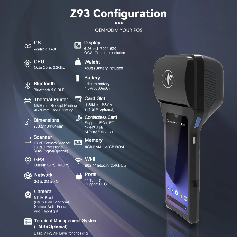 スマートフォン本体 smart factory ZCS Z93 Android 14.0 Touch Screen POS Terminal with 80mm Printer