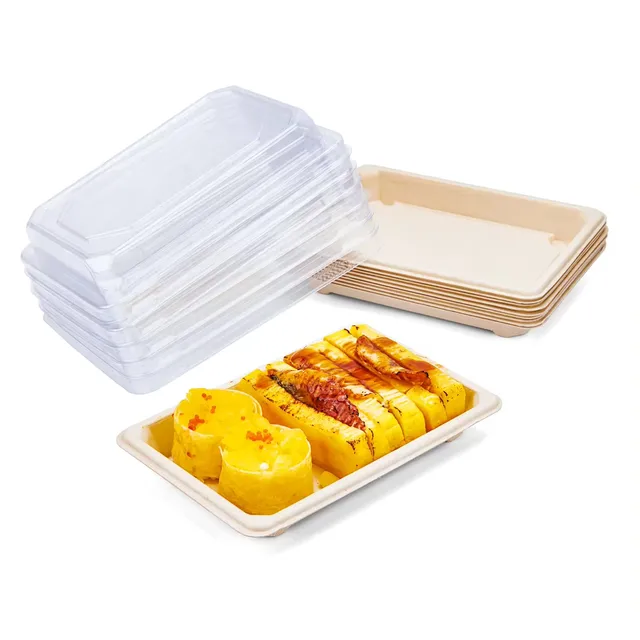 Biodegradable Sugarcane Meat Tray For Supermarkets Bagasse Rectangle Sushi Tray