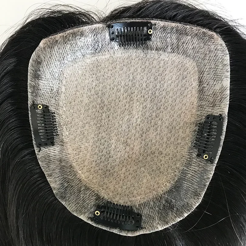 European Virgin Human Hair Topper Silk Top Skin Base Toupee with Clips Hair Piece Natural Black_voghion.com