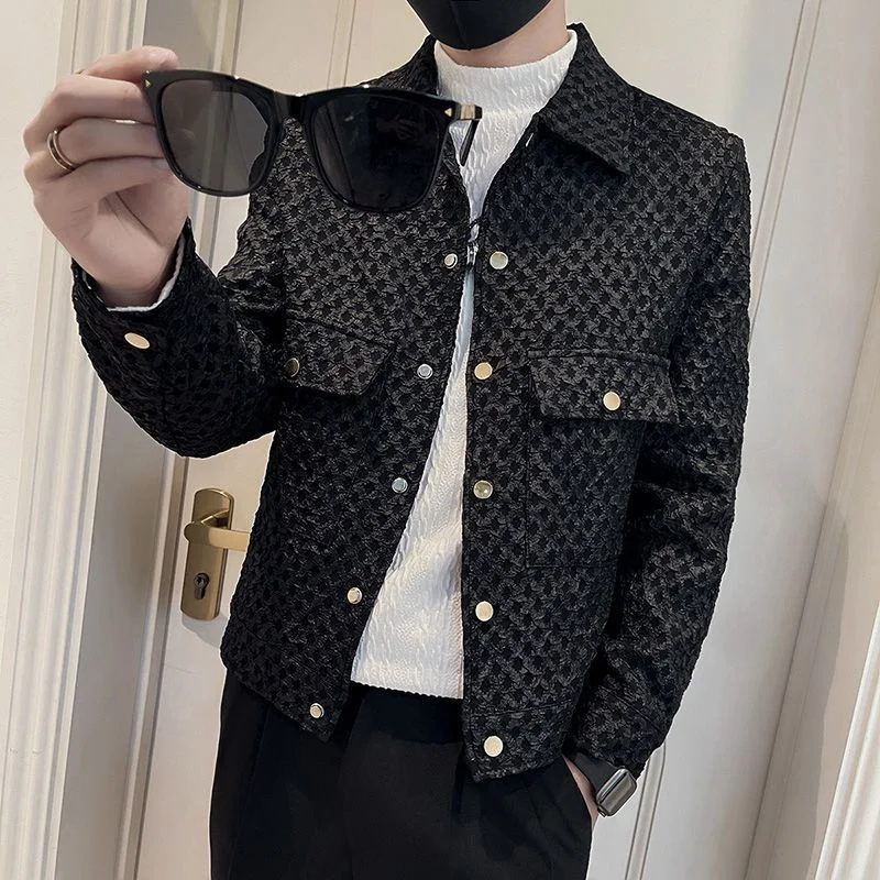 Walf Chec Fashion Lapel-up Spring Autumn Retro Men Casual Cargo Jacket Solid Color Loose Male Outerwear_voghion.com