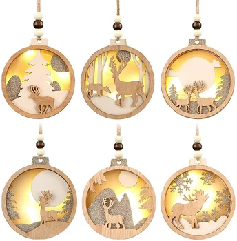Farmhouse Rustic Ornaments Set Decorations Hanging Glitter Reindeer Wood Tree 3D LED Christmas Decorations