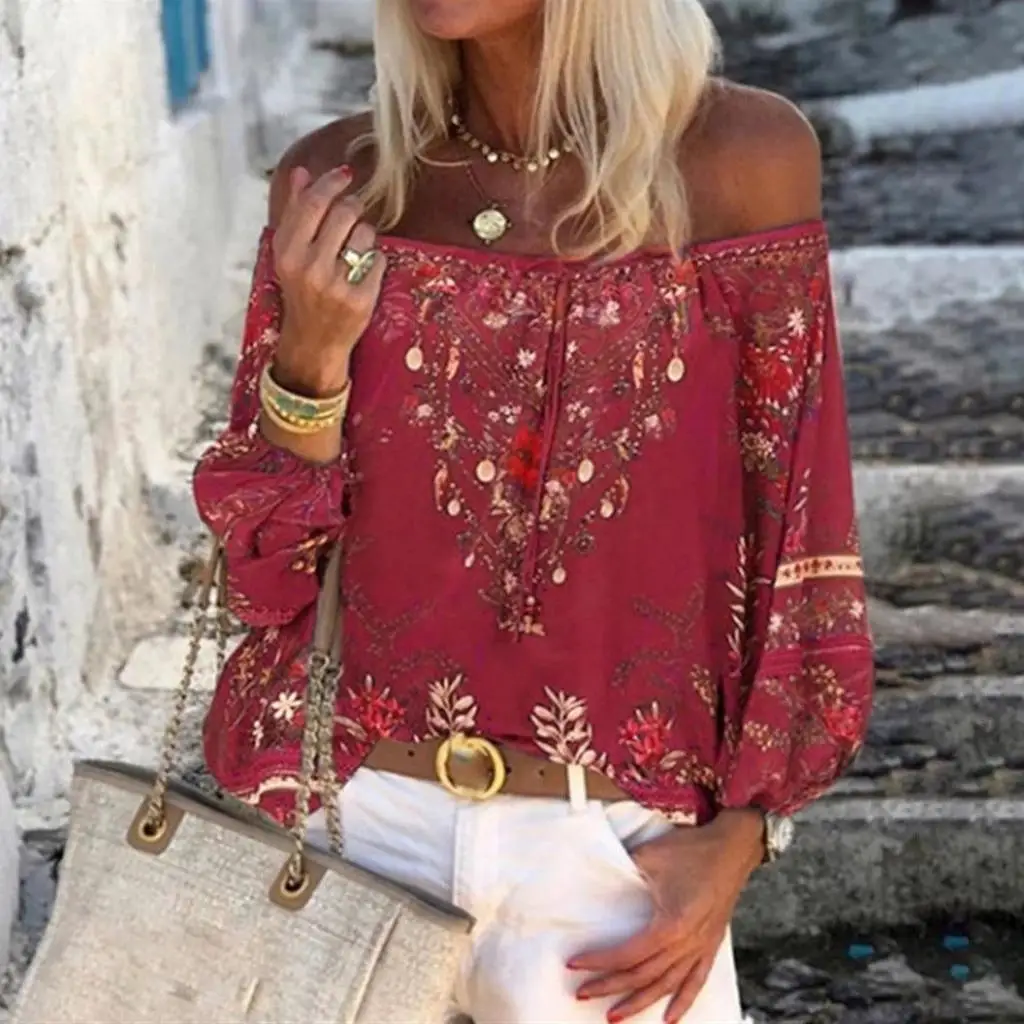 Floral Print Blouse Women Lace Thin Long Sleeve Off Shoulder Summer ...
