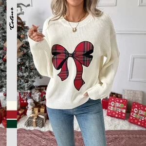 New Christmas Fashion and Sweet Style, Bow Check Tattoo Flower Round Neck Sweater for Women in Autumn and Winter