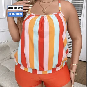 2026 Plus Size High Waist Round Neck Bikini Sexy Striped Swimsuit Women's Push-up Bikini Set Swimsuit