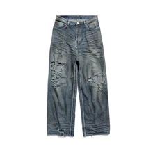 OEM Manufacturer men loose fit Streetwear Ripped Vintage Distressed Wide Baggy Denim Unisex Dirty Mud Washed Jeans