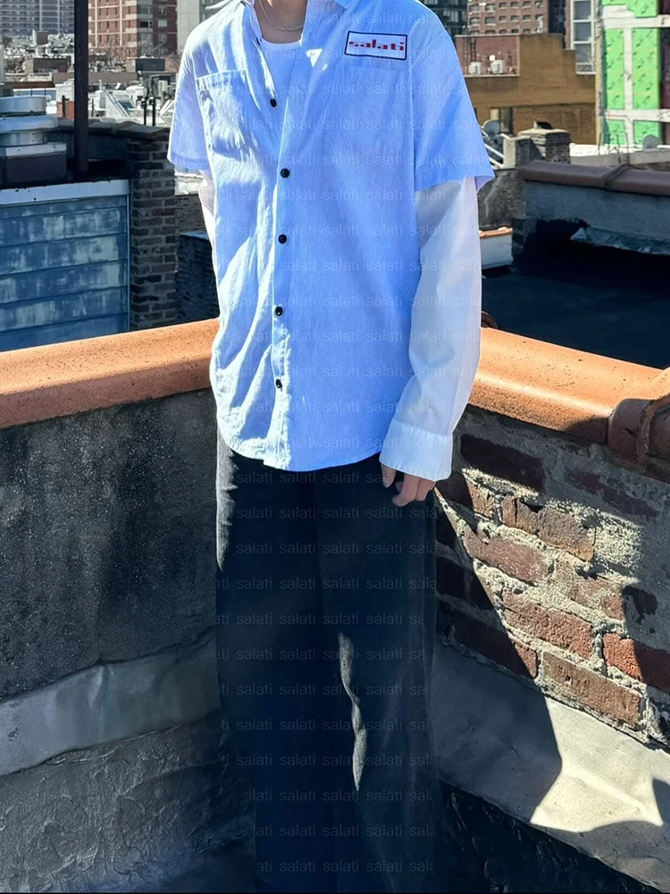 Custom Stripe Boxy Oversized Button Down up Embroidered Long Sleeve Thermal Tshirts Double Layer T-shirts Dress Work Shirts Men gallery 3