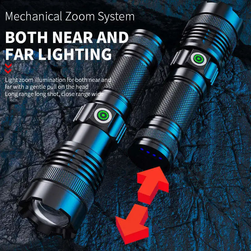200000lm flashlight usb rechargeable zoom 26650 Helius Retractable Zoom Built-in 26650 Battery Super Long Shot High  Endurance USB Charging Capacity Display LED Flashlight