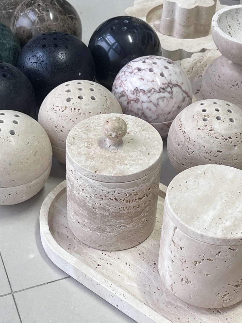 Stonekocc Wabi-sabi Beige Travertine Natural Marble Stone Sundries Storage Tank Candle Jars With Lid And Boxes Packaging