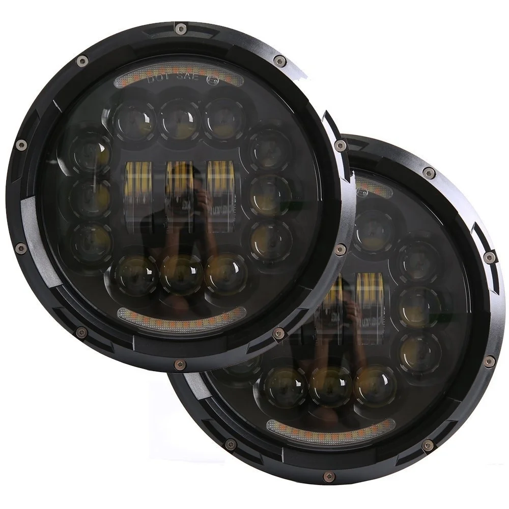 TIYPEOR 7 Inch 90W Led Headlight Black Chrome Round With DRL Turning Signal Light for JK CJ TJ Hummer for Motorcycle