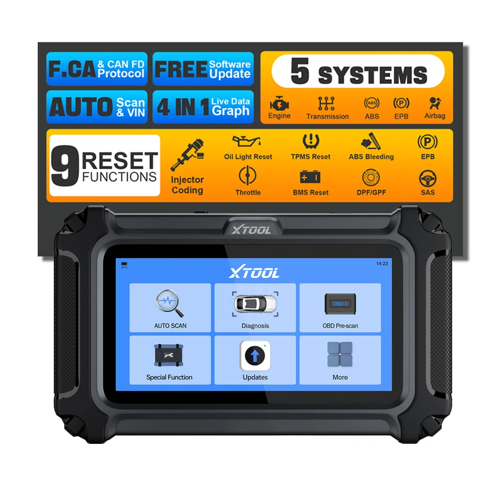  D5 Car Diagnostic Tool OBD2 Scanner PCM/TCM/ABS/SRS/EPB 5 Systems OBD2 Code Reader 9 Reset CAN FD FCA Engine Test Scanner