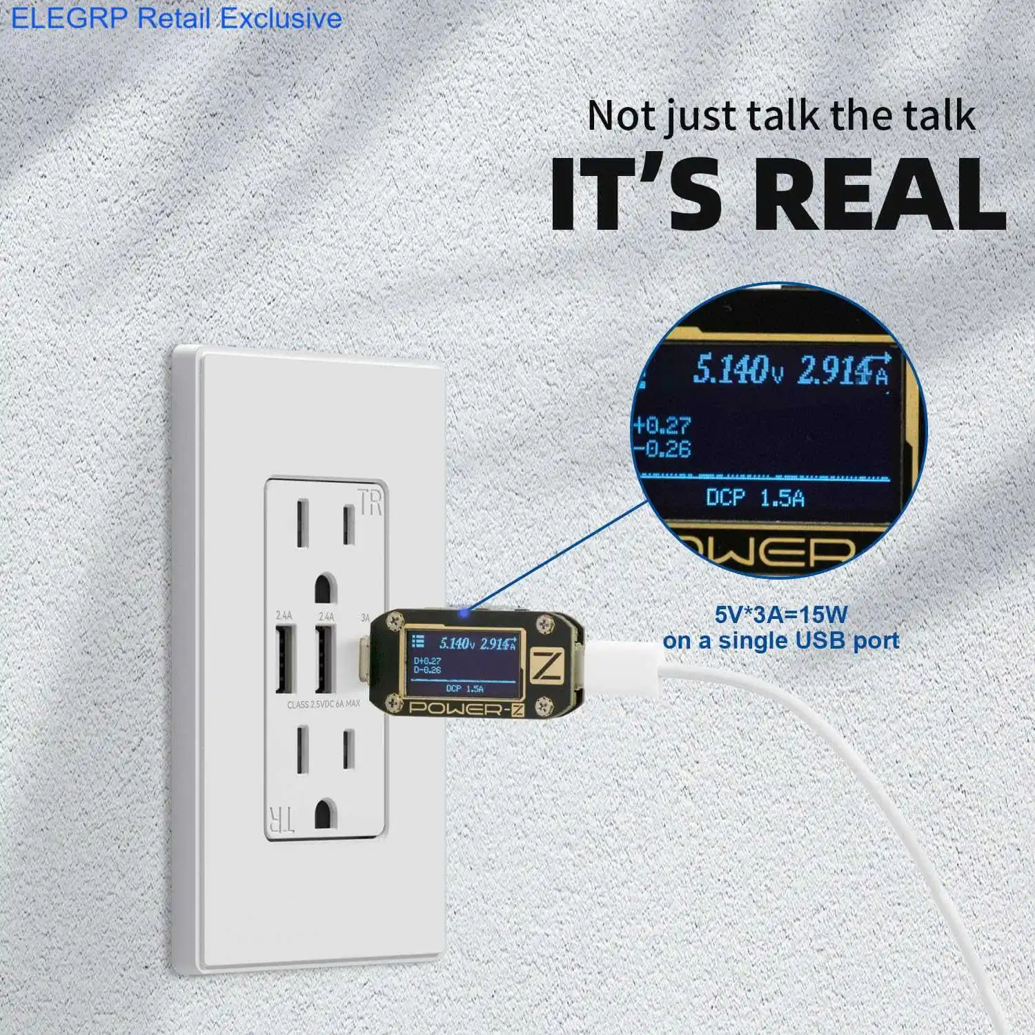 ELEGRP Presa USB A Muro – 3 Porte (2 USB A + 1 USB C), 15 Amp, Nero Opaco Con Piastra Senza Viti, UL E CUL Listed