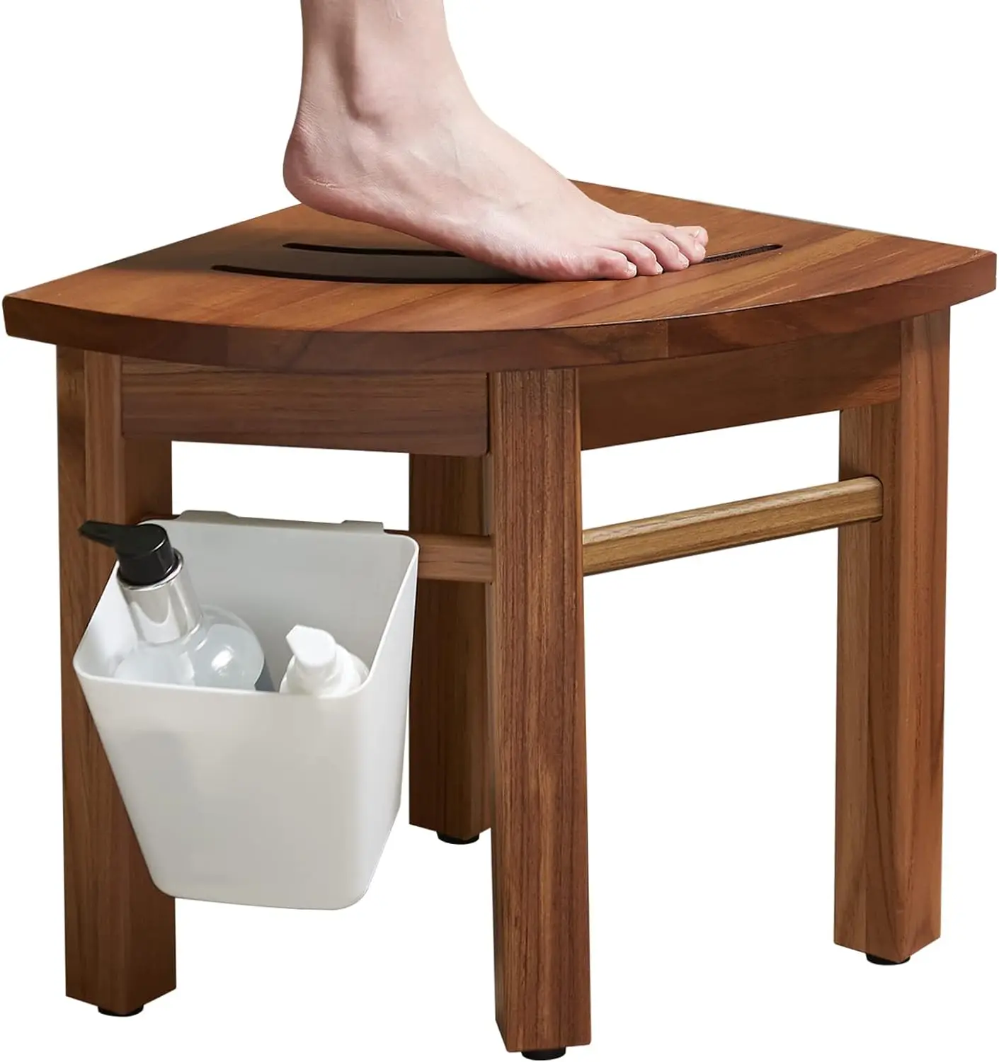 Heavy-Duty Waterproof Teak Wood Bathroom Corner Shower Stool with Storage Shelf Shower Bench