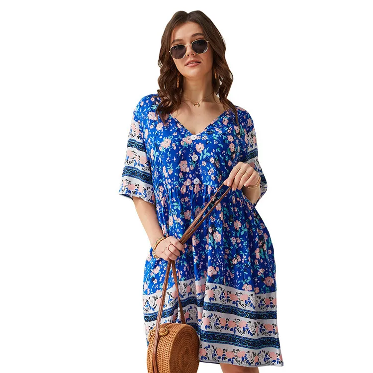 Vestido De Verano De Media Manga Con Flores,Cuello En V - Buy Las Mujeres  Ropa Vestido,Vestidos De Mujer Elegante,Vestidos De Moda Product on  Alibaba.com