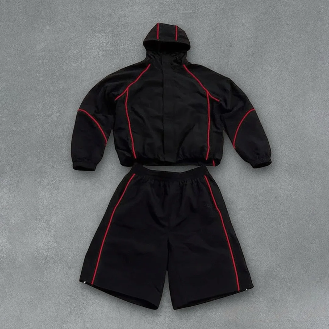 Tilpasset vintage streetwear herretracksuit i nylon – løs, casual og trendklaedt 2-delset. Storpartisalg. Tilpasselige herreklæder – OEM