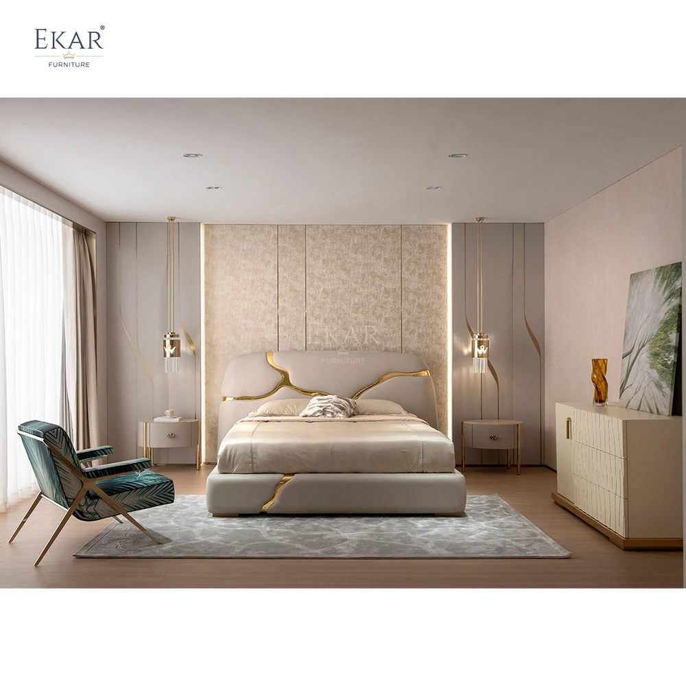 Modern Golden Metallic Paint Bed Luxurious Elegant Wood Panel Bedroom Furniture Soft Elevate Your Home