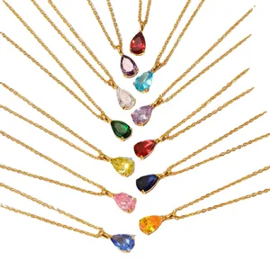Latest Fashion 18K Gold Plated Stainless Steel Teardrop Gemstone Necklace with Zircon Birthstone