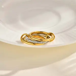 Hot Sale Fast Delivery Two Tone Triple Layer Ring Stainless Steel Gold Plated Zircon Jewelry Ring
