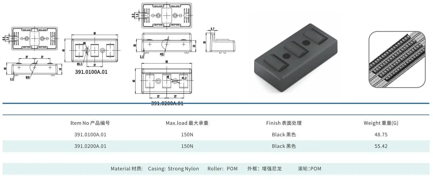 POM covered roller track for aluminium profiles demonstration
