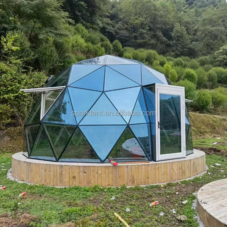 屋外グランピング 6m ガラス製ジオデシックドーム プレハブガラス
